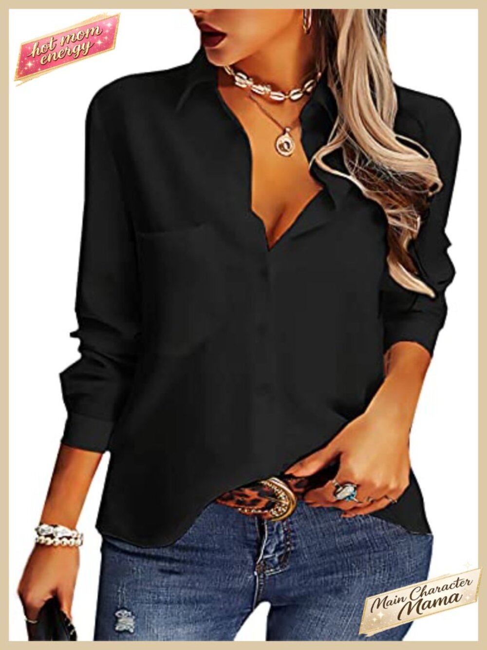 Womens Chiffon Button Down Shirt V Neck Long Sleeve Office Blouse with Pocket